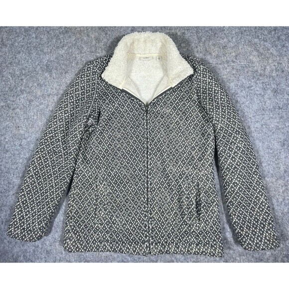 LL Bean Gray Jacket Fleeced Lined Full Zip Womens Small Diamond Pattern Pockets